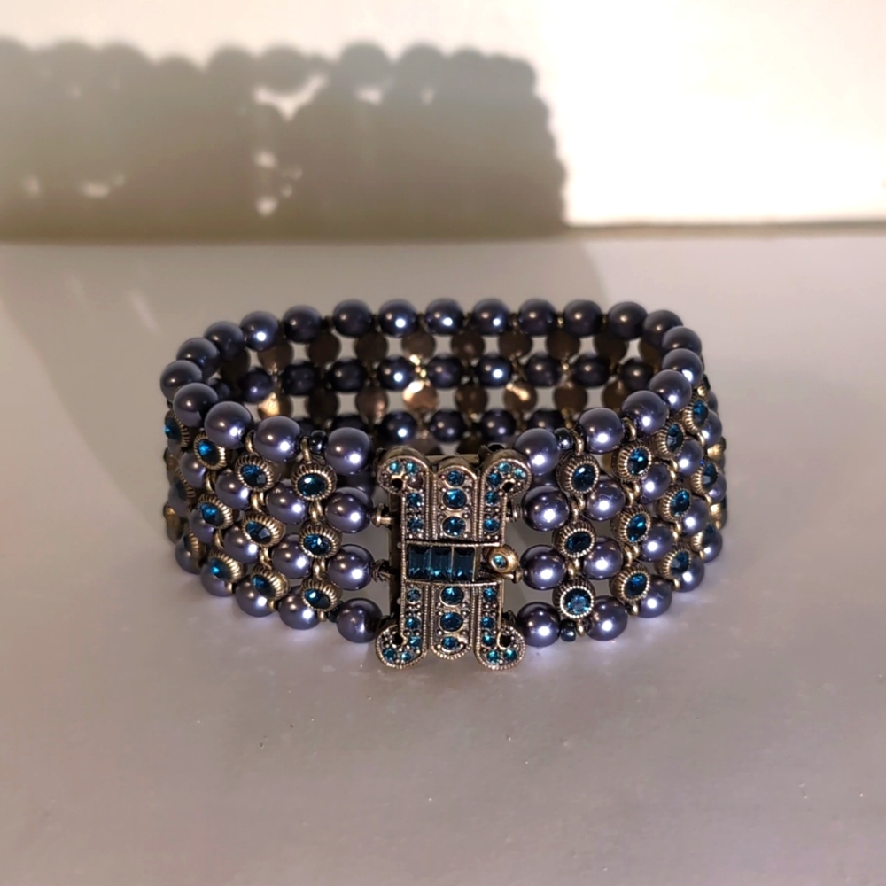 Elegant pearl and sapphire costume bracelet w/ Art Deco clasp